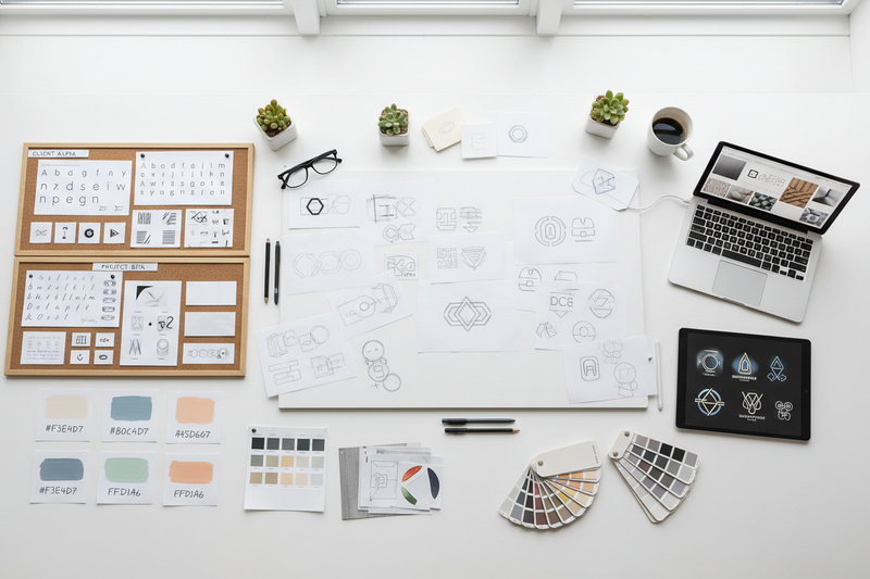 logo sketches, brand boards color palettes