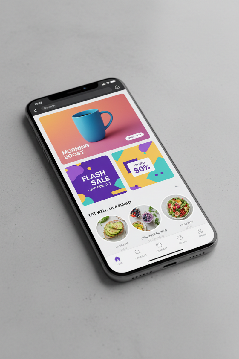 phone screen with social posts or template mockups