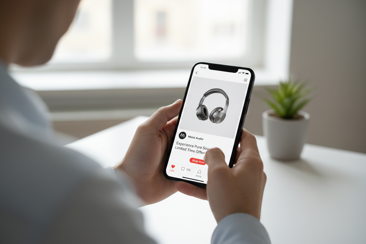 someone on their phone scrolling social media and seeing a post about a business